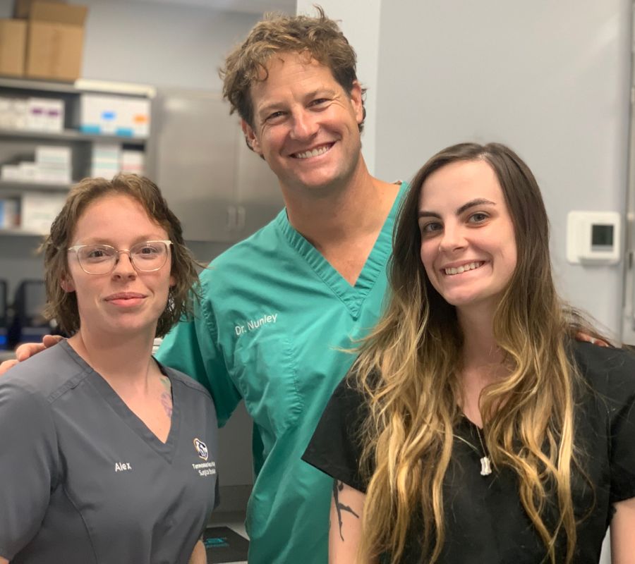 Three individuals in scrubs standing side by side